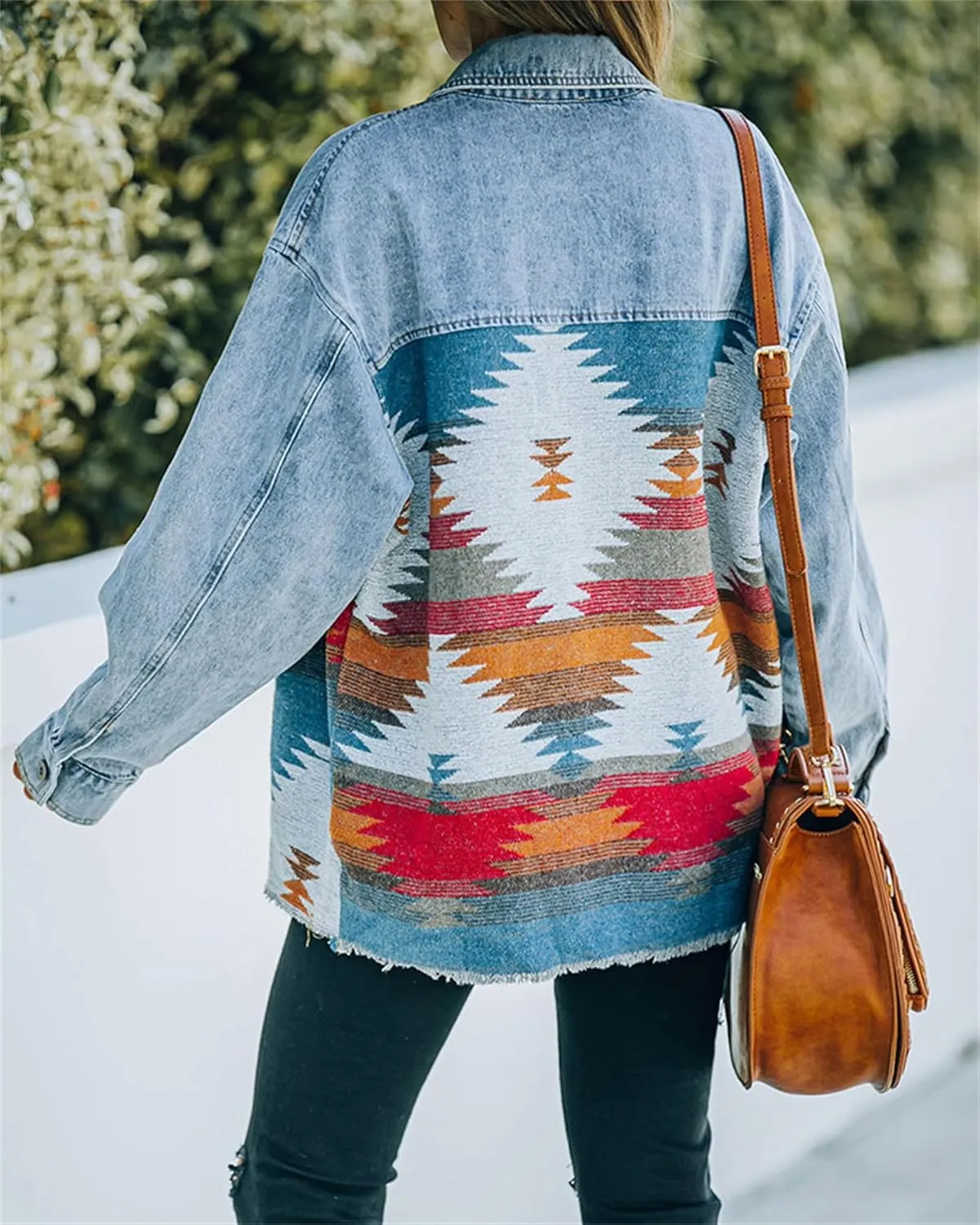 Oversized Denim Jacket Women Aztec Jean Jackets Distressed Long Sleeve Vintage Button Down Denim Shacket Coat Pockets