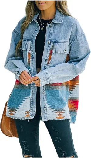 Oversized Denim Jacket Women Aztec Jean Jackets Distressed Long Sleeve Vintage Button Down Denim Shacket Coat Pockets
