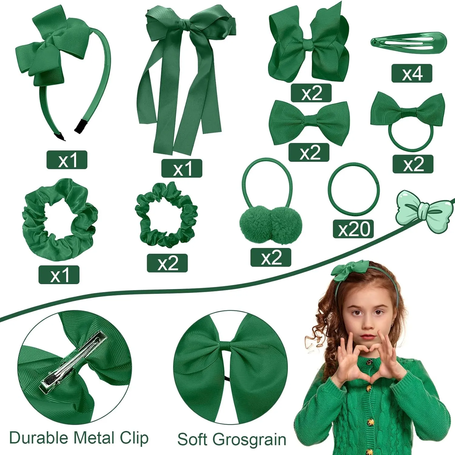 Pack of 37 Hair Bow Accessories - School Uniform Hair Clips Grosgrain Bow Headband Ribbon Alligator Ponytail Holder for Toddlers Teen Girls Uniform Party Prom Wedding(Dark Green)