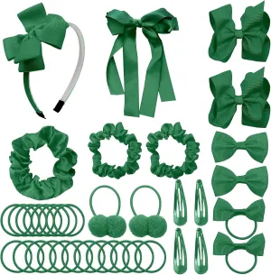 Pack of 37 Hair Bow Accessories - School Uniform Hair Clips Grosgrain Bow Headband Ribbon Alligator Ponytail Holder for Toddlers Teen Girls Uniform Party Prom Wedding(Dark Green)