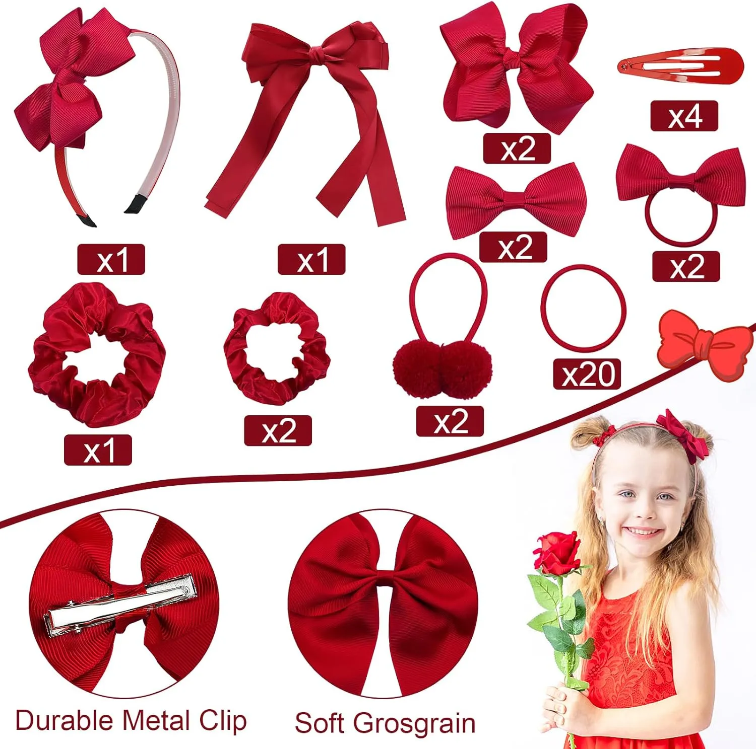 Pack of 37 School Uniform Hair Accessories - Hair Bow Clips Grosgrain Bow Headband Ribbon Alligator Ponytail Holder for Toddlers Teen Girls Uniform Christmas Party Prom (Burgundy)