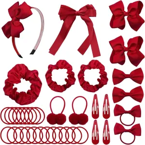 Pack of 37 School Uniform Hair Accessories - Hair Bow Clips Grosgrain Bow Headband Ribbon Alligator Ponytail Holder for Toddlers Teen Girls Uniform Christmas Party Prom (Burgundy)