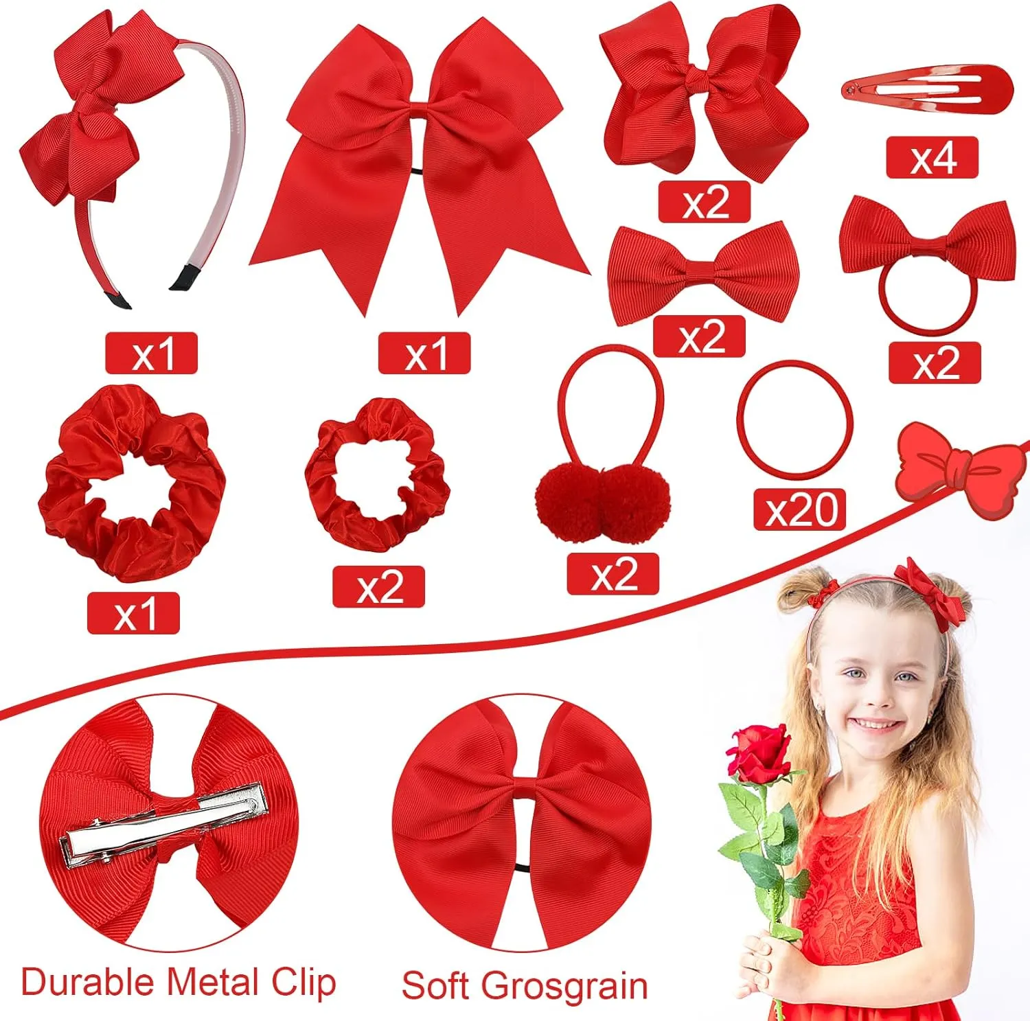 Pack of 37 School Uniform Hair Bow Accessories - Christmas Grosgrain Hair Clips Bow Headband Ribbon Alligator Ponytail Holder for Toddlers Teen Girls Christmas Party Prom (Red)