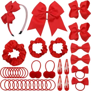 Pack of 37 School Uniform Hair Bow Accessories - Christmas Grosgrain Hair Clips Bow Headband Ribbon Alligator Ponytail Holder for Toddlers Teen Girls Christmas Party Prom (Red)