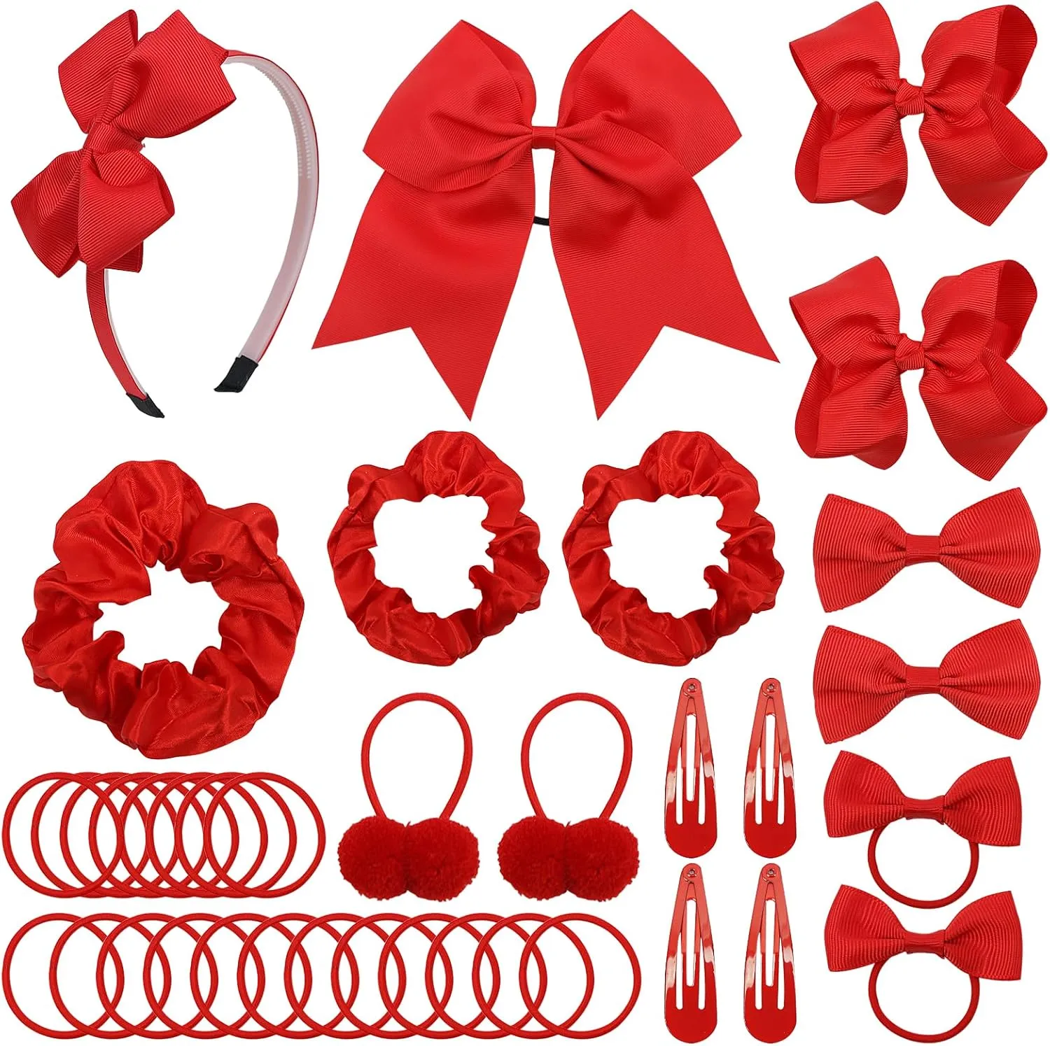 Pack of 37 School Uniform Hair Bow Accessories - Christmas Grosgrain Hair Clips Bow Headband Ribbon Alligator Ponytail Holder for Toddlers Teen Girls Christmas Party Prom (Red)