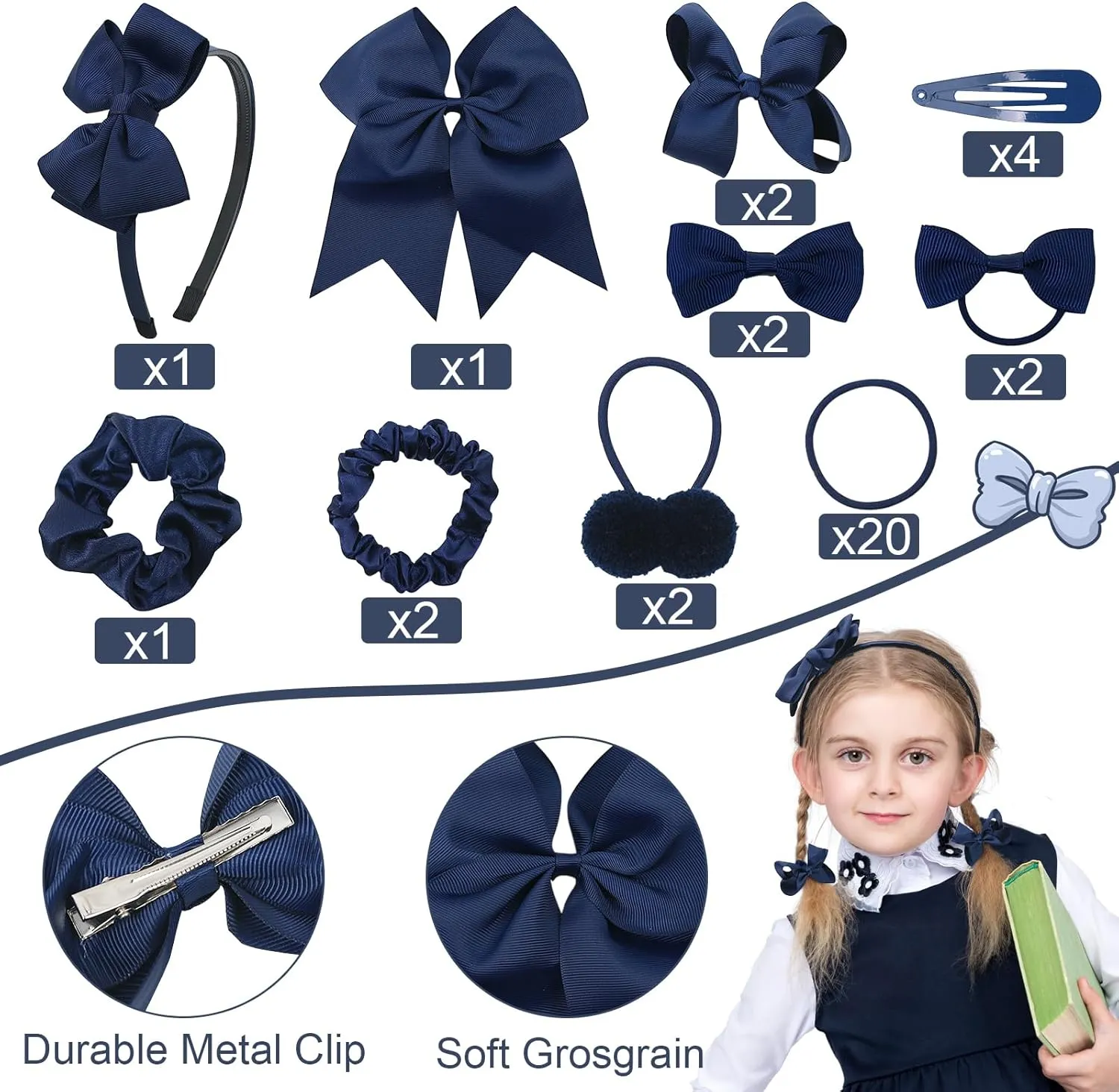 Pack of 37 School Uniform Hair Bow Accessories - Grosgrain Hair Clips Bow Headband Ribbon Alligator Ponytail Holder for Toddlers Teen Girls Uniform Party Prom Wedding(Navy Blue)