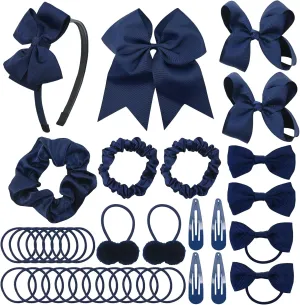 Pack of 37 School Uniform Hair Bow Accessories - Grosgrain Hair Clips Bow Headband Ribbon Alligator Ponytail Holder for Toddlers Teen Girls Uniform Party Prom Wedding(Navy Blue)