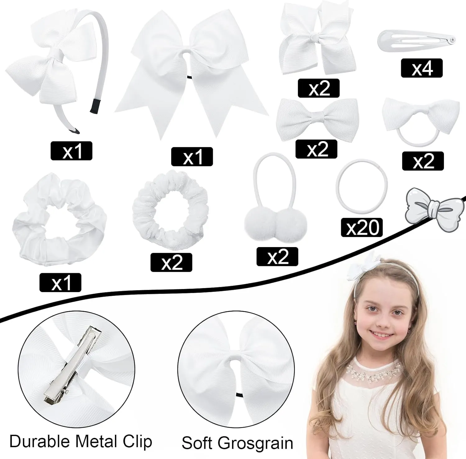 Pack of 37 School Uniform Hair Bow Accessories - Wedding Bridesmaid Grosgrain Hair Clips Bow Headband Ribbon Alligator Ponytail Holder for Toddlers Teen Girls Uniform Party Prom(White)
