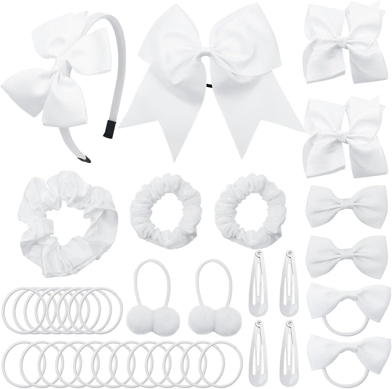 Pack of 37 School Uniform Hair Bow Accessories - Wedding Bridesmaid Grosgrain Hair Clips Bow Headband Ribbon Alligator Ponytail Holder for Toddlers Teen Girls Uniform Party Prom(White)