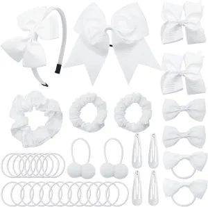 Pack of 37 School Uniform Hair Bow Accessories - Wedding Bridesmaid Grosgrain Hair Clips Bow Headband Ribbon Alligator Ponytail Holder for Toddlers Teen Girls Uniform Party Prom(White)