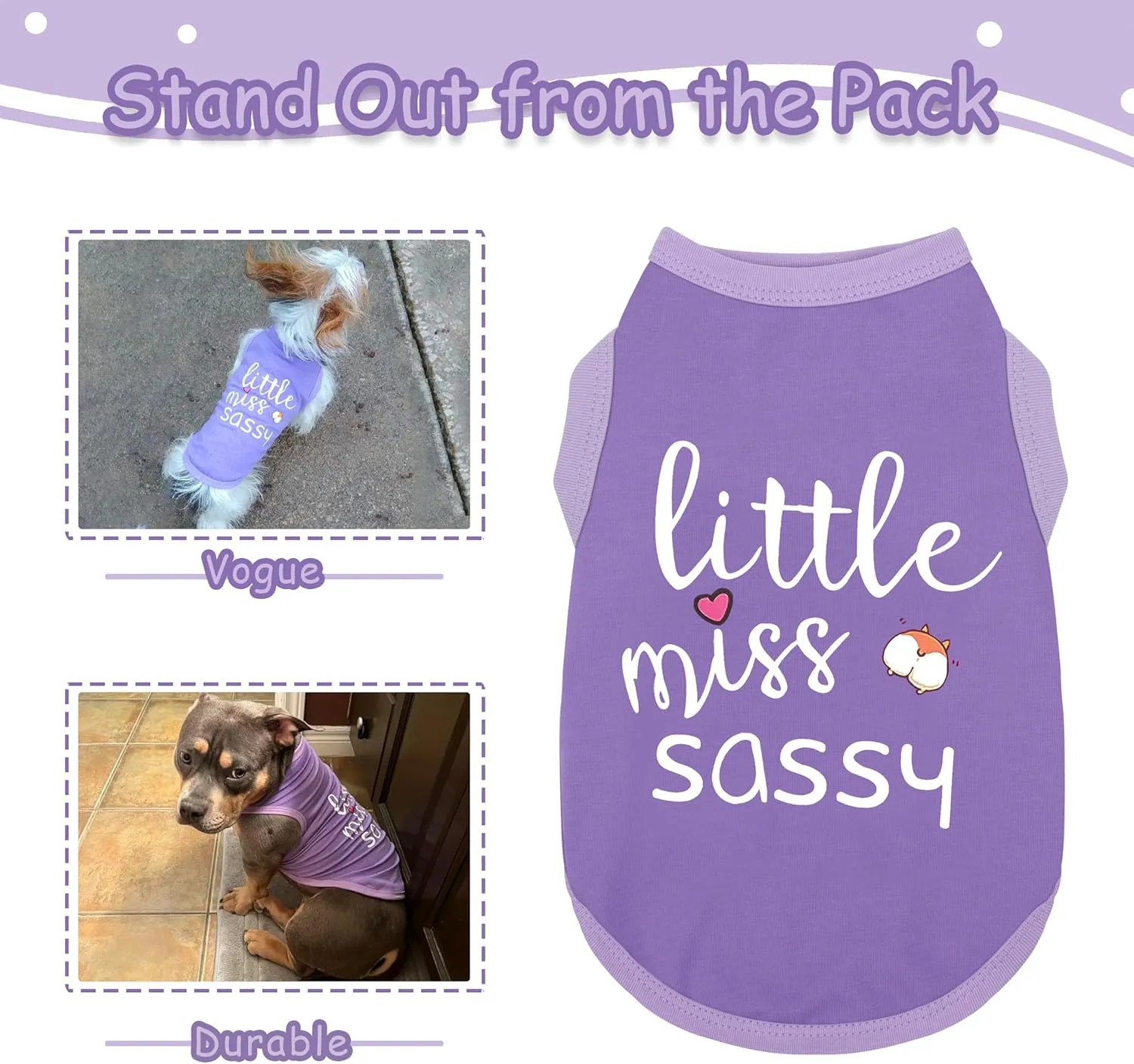Paiaite Dog Clothes Fashionable Sleeveless Pet Vest: 'Little Miss Sassy' Printed Cotton Dog Shirt, Ideal for Small, Medium, and Large Breeds, Ensuring Comfort and Breathability Purple M