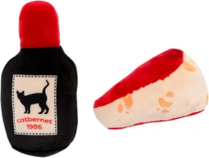 Pearhead Pet Cheese and Wine Plush, Crinkle, and Catnip Cat Toys, Set of 2