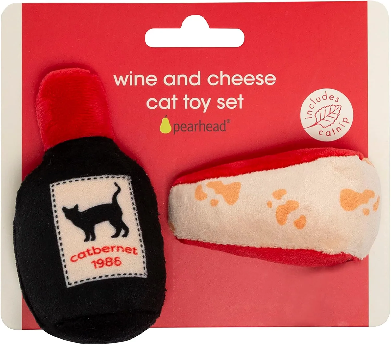 Pearhead Pet Cheese and Wine Plush, Crinkle, and Catnip Cat Toys, Set of 2