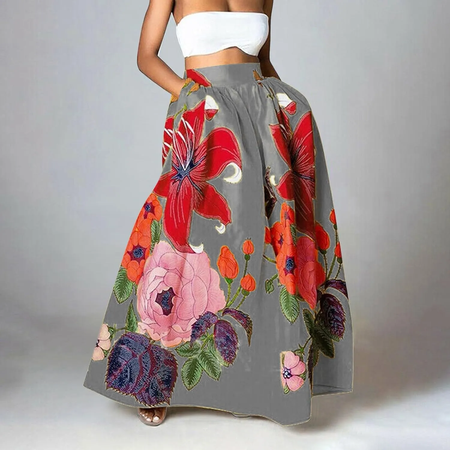Pencil Skirt for Women Tummy Control High Waist Maxi Skirt Casual Loose Flowy Boho Party Long Women's Skirts with Pocket