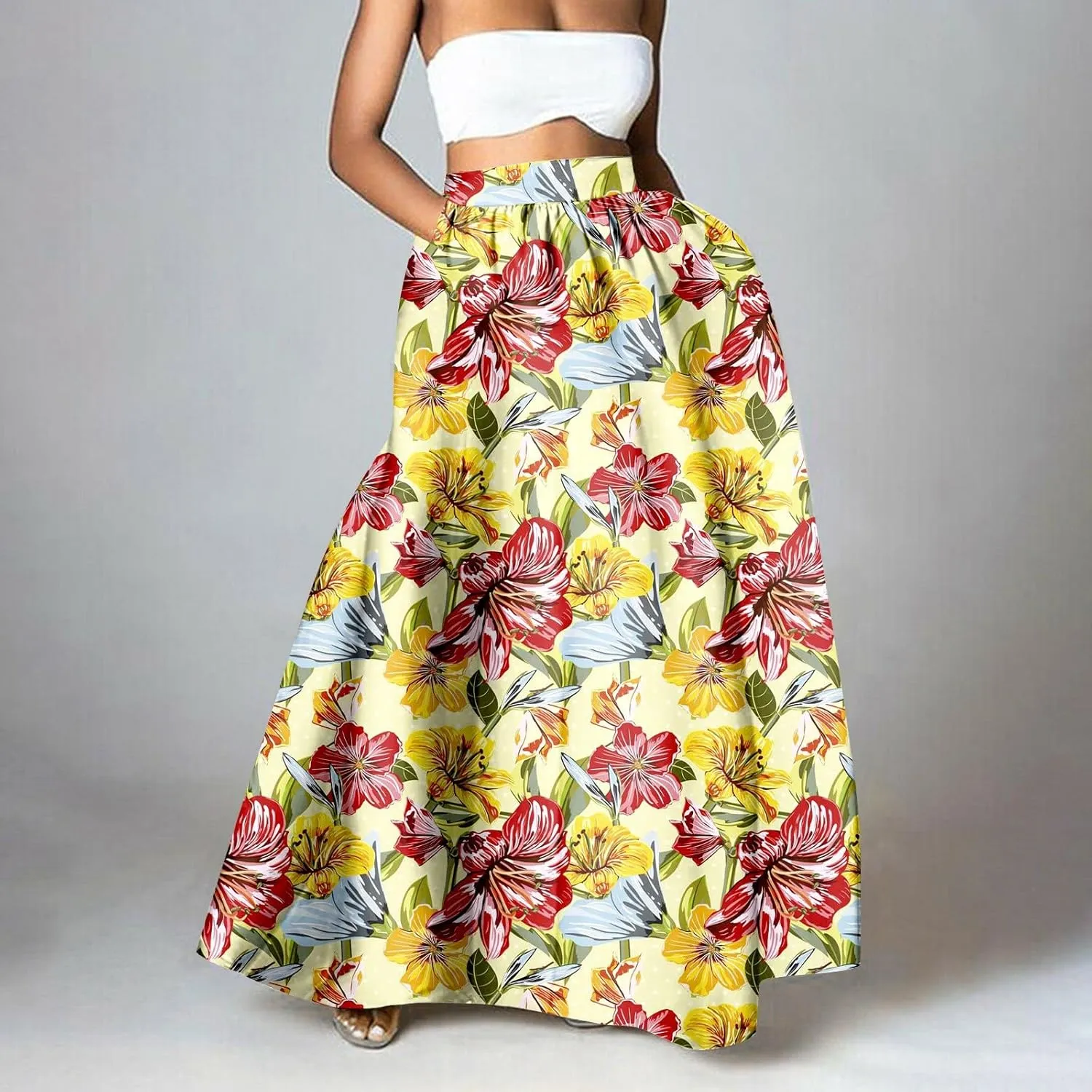 Pencil Skirt for Women Tummy Control High Waist Maxi Skirt Casual Loose Flowy Boho Party Long Women's Skirts with Pocket