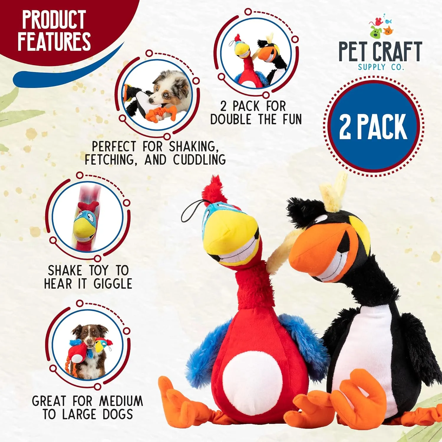 Pet Craft Supply Giggling Puffin & Parrot Multi Pack Interactive Dog Toys With Sound for Large Breed and Small Dogs Soft Chew Plush Dog Toy, Red Black