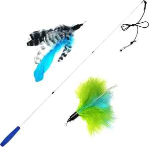 Pet Fit For Life - Retractable Feather Wand for Cats - Durable Interactive Cat Toy, Teaser Fishing Pole with Feather Lures - Fun Kitten Play Wand, 2 Feathers with String Attachment