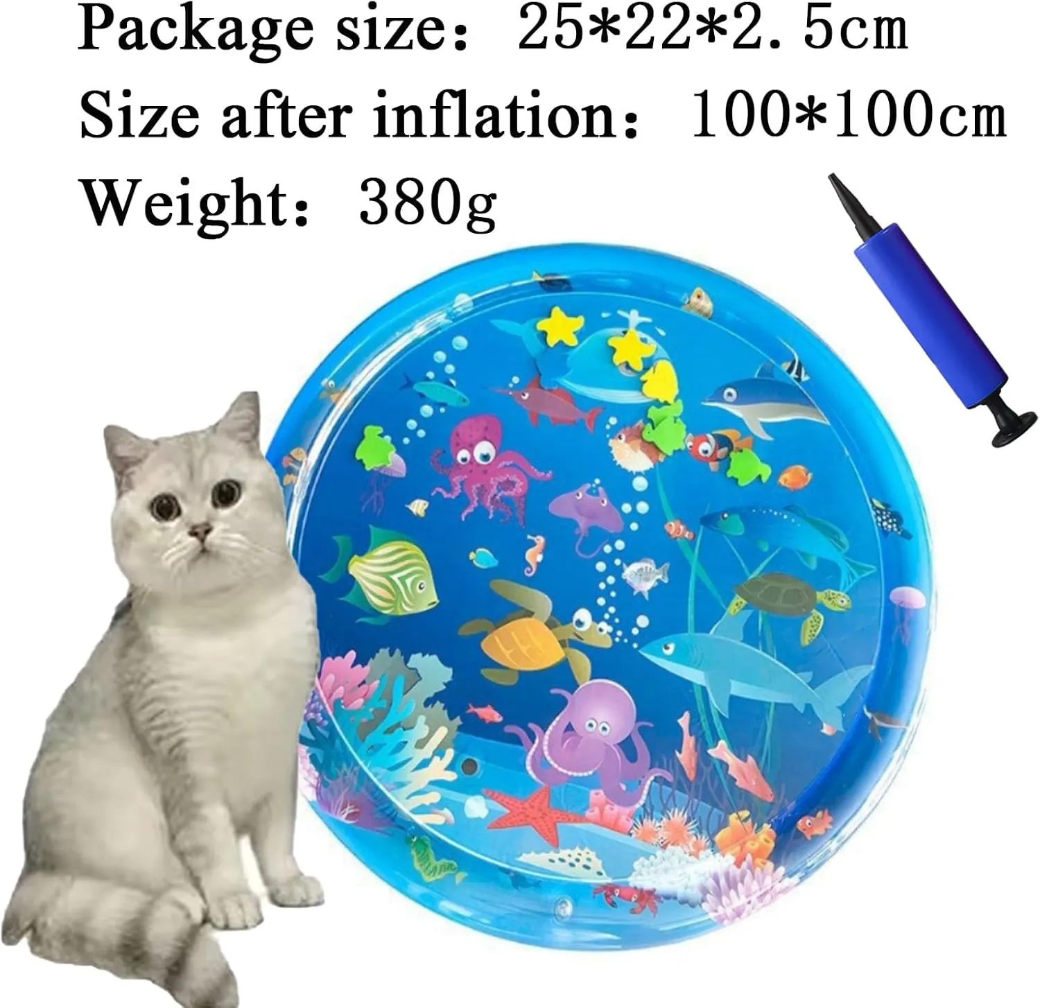 Pet Water Bed,Thickened Comfort Cat Water Bed Play Mat Pet Sleeping Mats for Summer,Cat Toy Non-Scratch Design Comfort Waterbed,Cooling Water Sensory Play Pad with Inflator (100CM round ocean world)