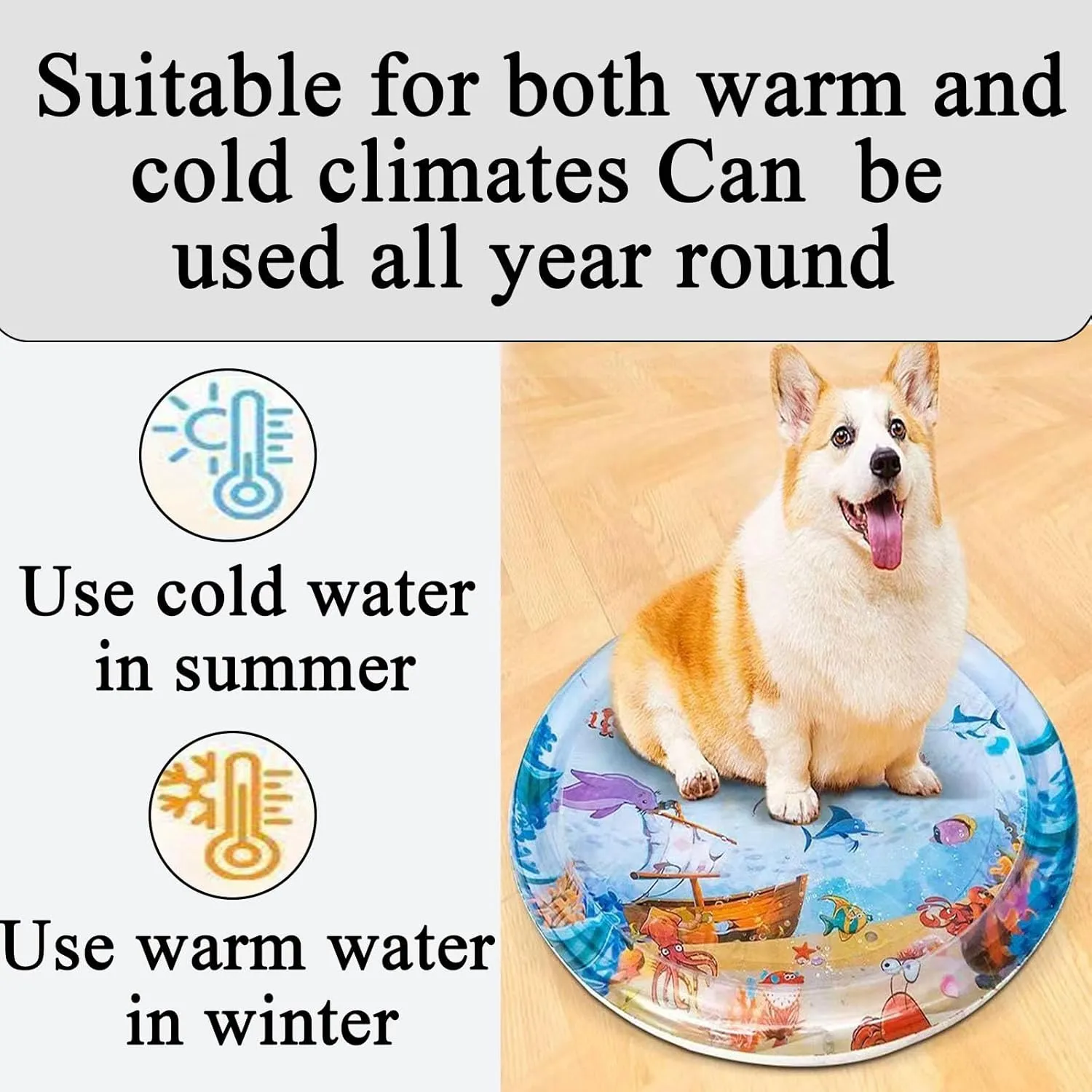 Pet Water Bed,Thickened Comfort Cat Water Bed Play Mat Pet Sleeping Mats for Summer,Cat Toy Non-Scratch Design Comfort Waterbed,Cooling Water Sensory Play Pad with Inflator (100CM round ocean world)