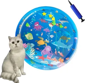 Pet Water Bed,Thickened Comfort Cat Water Bed Play Mat Pet Sleeping Mats for Summer,Cat Toy Non-Scratch Design Comfort Waterbed,Cooling Water Sensory Play Pad with Inflator (100CM round ocean world)