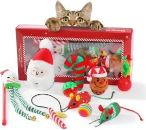 PETEPELA Cat Toys, 10 Pcs Cat Feather Mice Catnip Toys Set, Gifts for Christmas, Interactive Christmas Stocking Ball, Crinkle Balls, Mice Toys for Indoor Kittens