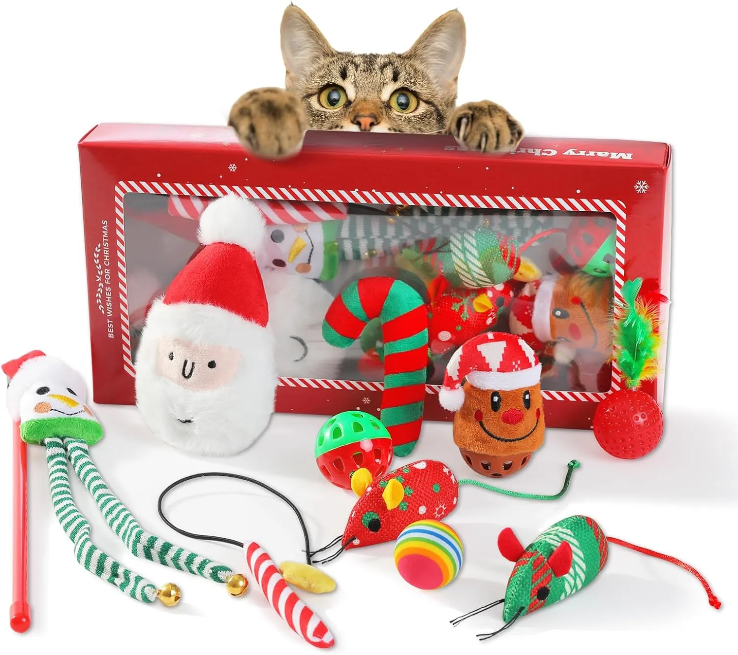 PETEPELA Cat Toys, 10 Pcs Cat Feather Mice Catnip Toys Set, Gifts for Christmas, Interactive Christmas Stocking Ball, Crinkle Balls, Mice Toys for Indoor Kittens