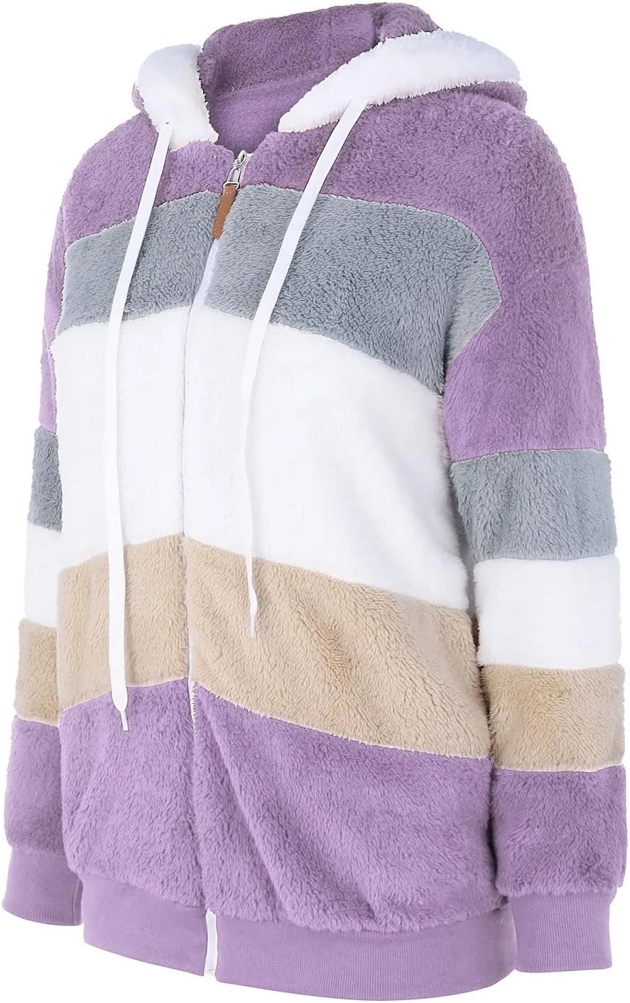 Plus Size Winter Coats for Women Fuzzy Fleece Sherpa Hooded Jacket with Pocket Colorblock Zip Up Coat Winter Warm Top