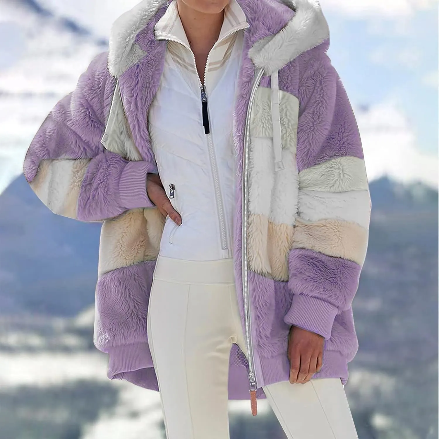 Plus Size Winter Coats for Women Fuzzy Fleece Sherpa Hooded Jacket with Pocket Colorblock Zip Up Coat Winter Warm Top