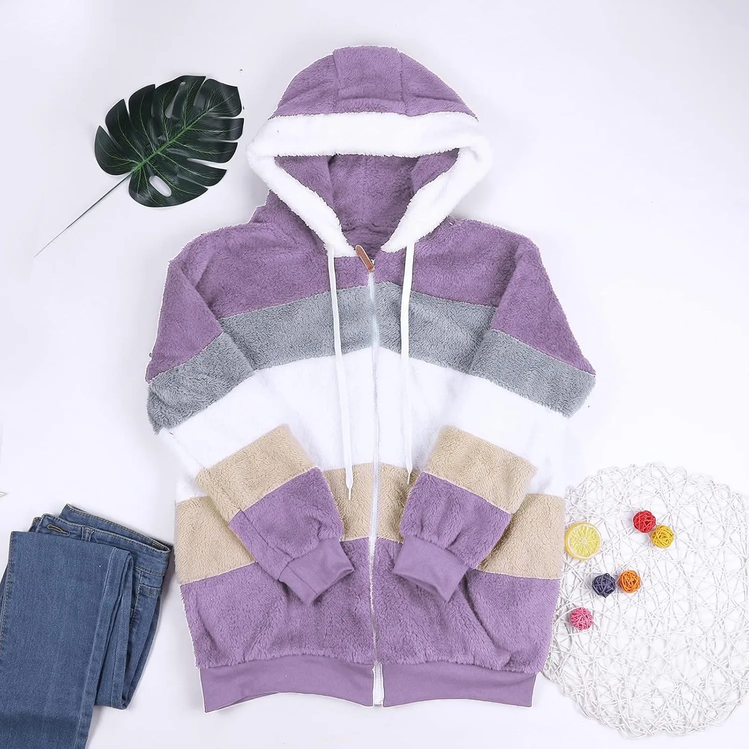 Plus Size Winter Coats for Women Fuzzy Fleece Sherpa Hooded Jacket with Pocket Colorblock Zip Up Coat Winter Warm Top