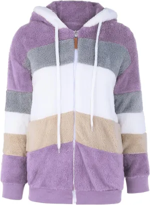 Plus Size Winter Coats for Women Fuzzy Fleece Sherpa Hooded Jacket with Pocket Colorblock Zip Up Coat Winter Warm Top