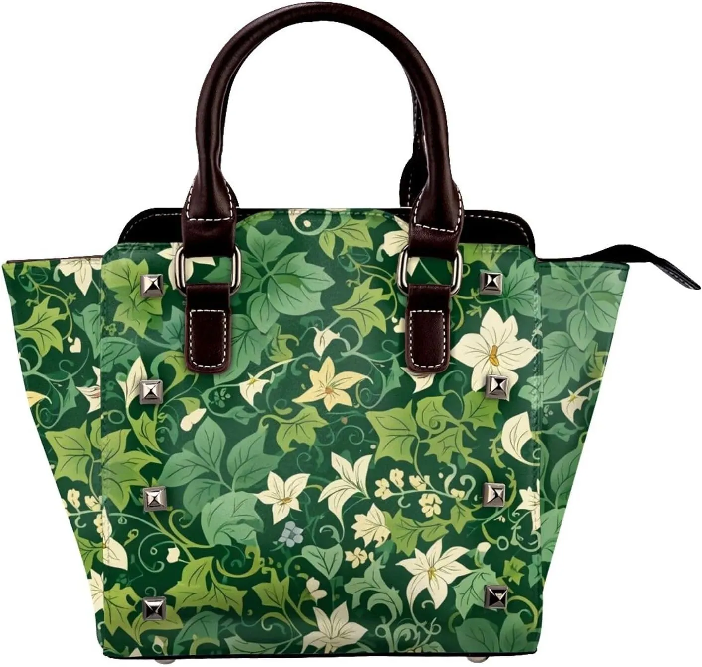 PU Leather Rivet Shoulder Bag for Women,Floral Swirls Ivy Print Women's Crossbody Handbag Purse Adjustable & Removable Strap Small Tote Bags