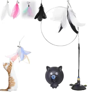 Puff Petshop MeowMastery Toy,Interactive Cat Teaser, Meow Mastery Cat Toy - with 4 Types of Replacement Feathers Indoor Cats Chasing Toys (Black)