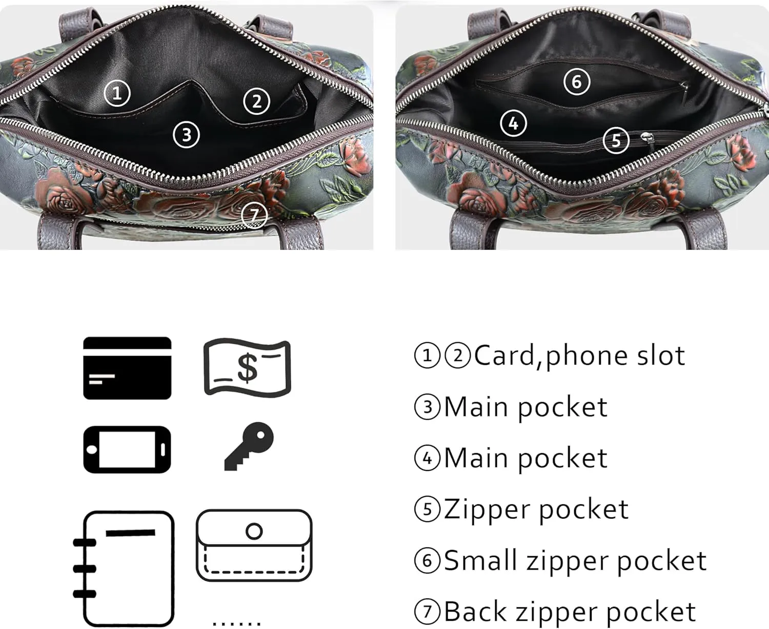 Purse and Handbags for Women Leather Shoulder Tote Handle Medium Satchel Vintage Embossing Rose
