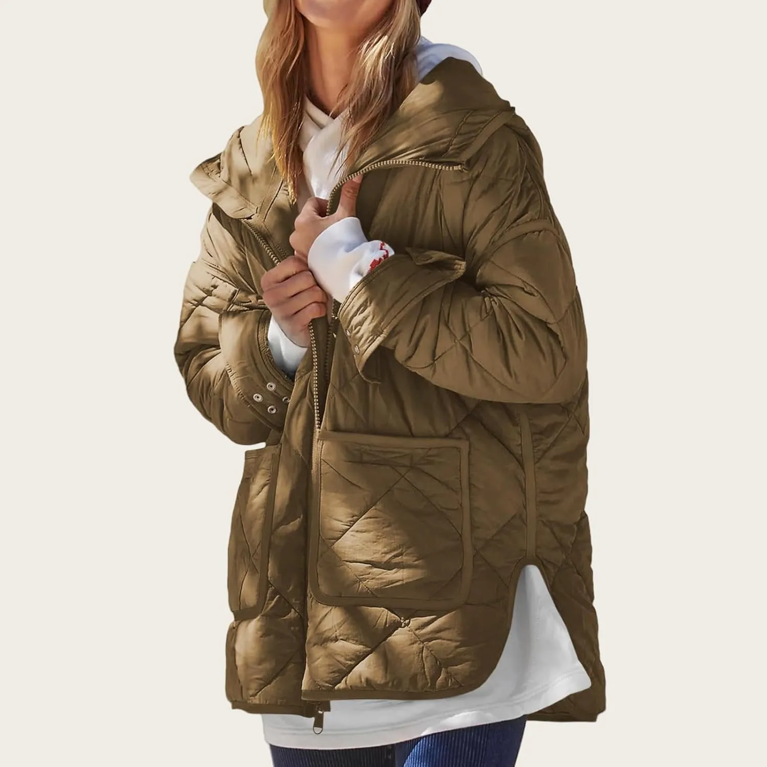 Quilted Jackets for Women Lightweight Puffer Jacket Hooded Long Sleeve Zip Up Winter Coat Dolman Warm Outwear Pockets
