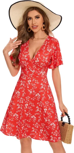 Red Summer Dresses for Women 2025 Vacation Casual V-Neck Floral Wrap Sundress Flutter Sleeve Knee Length Graduation Dress,Medium