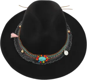 Retro Jazz Hat 1pc Ethnic Style Woolen Hat Wide Brim Comfortable for Both Men and Women Sunblock Accessory Black