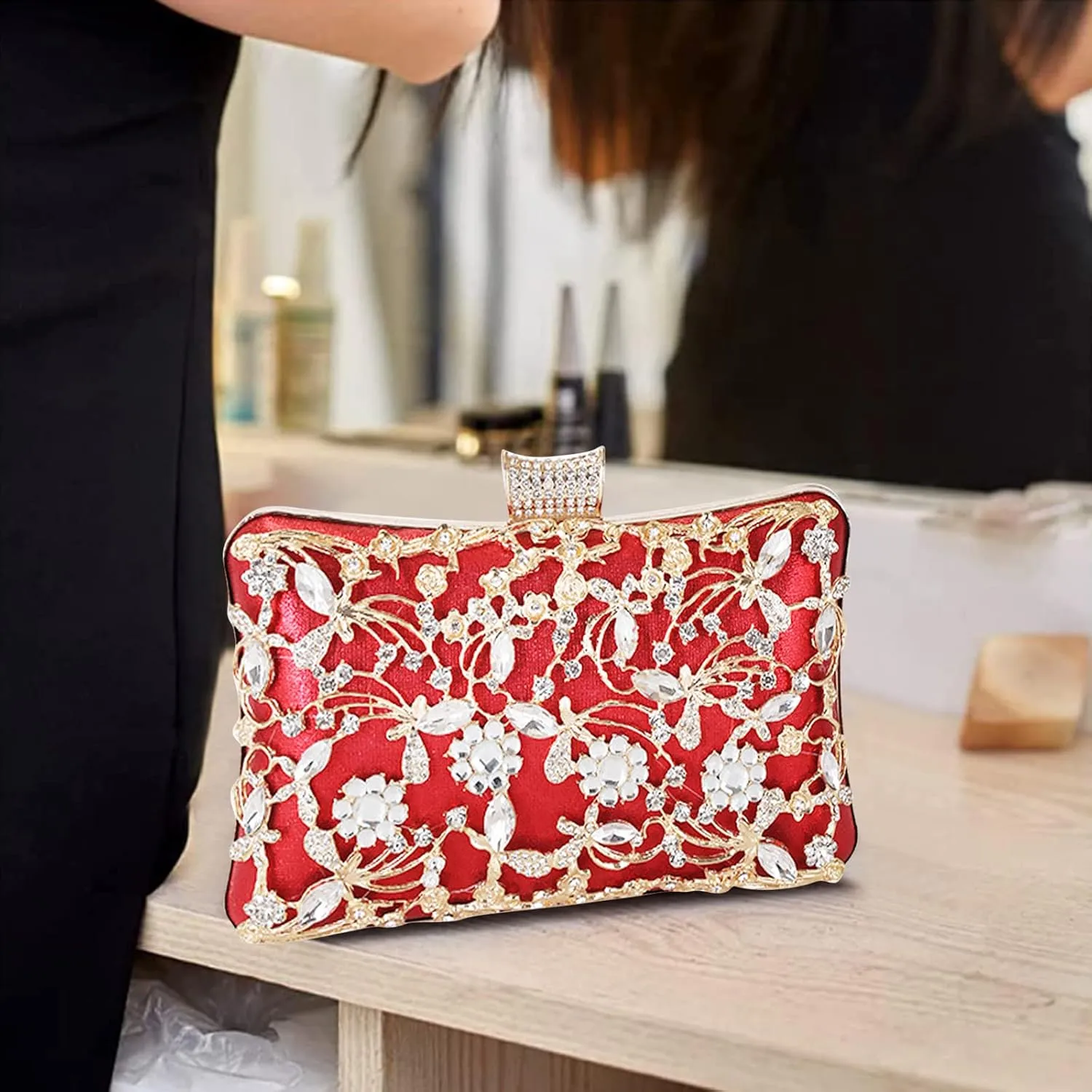 Rhinestone Evening Bag for Women Crystal Clutch Bag Sparkly Sequin Glitter Handbag Floral Shoulder Bag