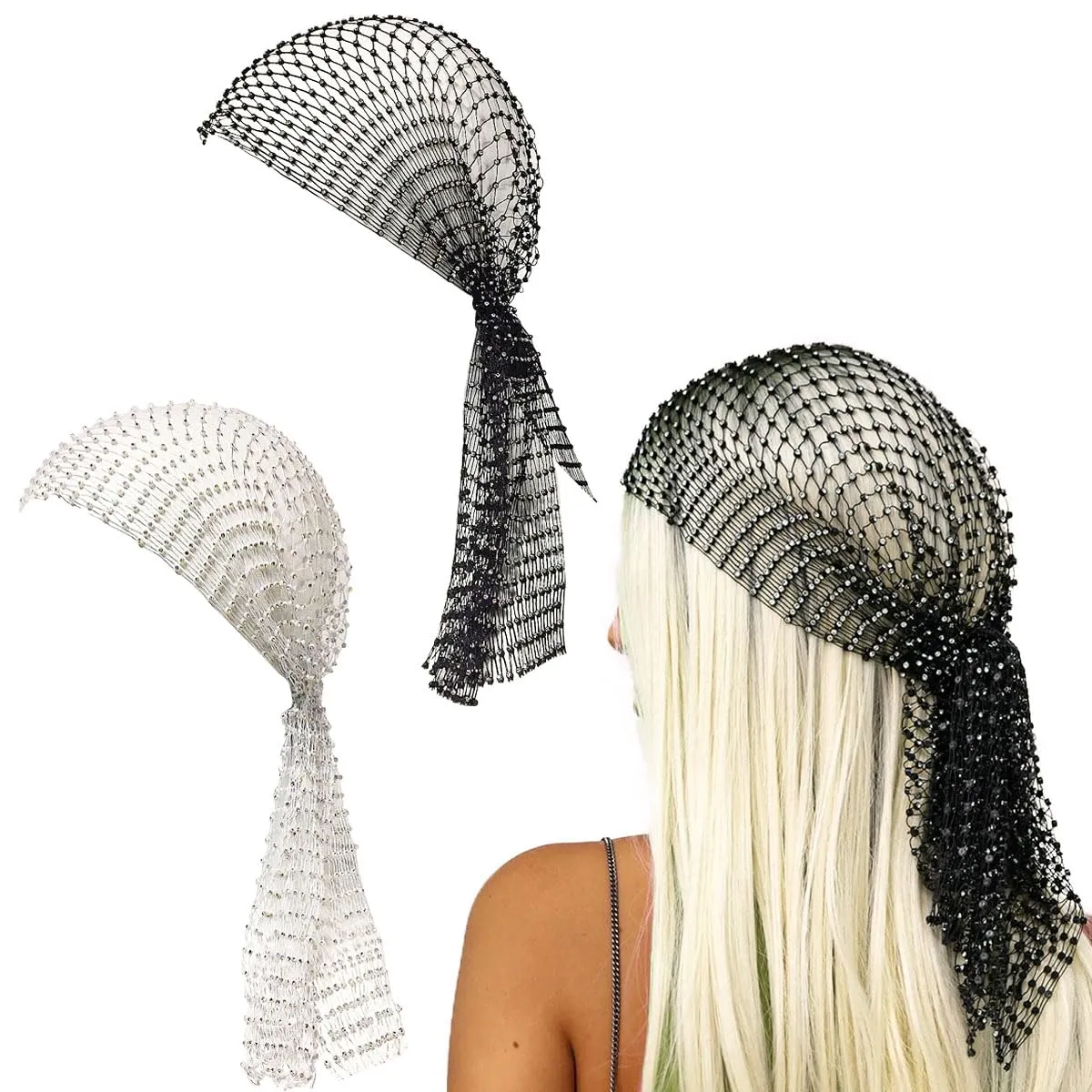 Rhinestone Mesh Headbands for Women, Sparkly Crystal Nightclub Hair Accessories - Stretchy Headwraps, Rave Barrettes, Glitter Hollow Out Hairbands