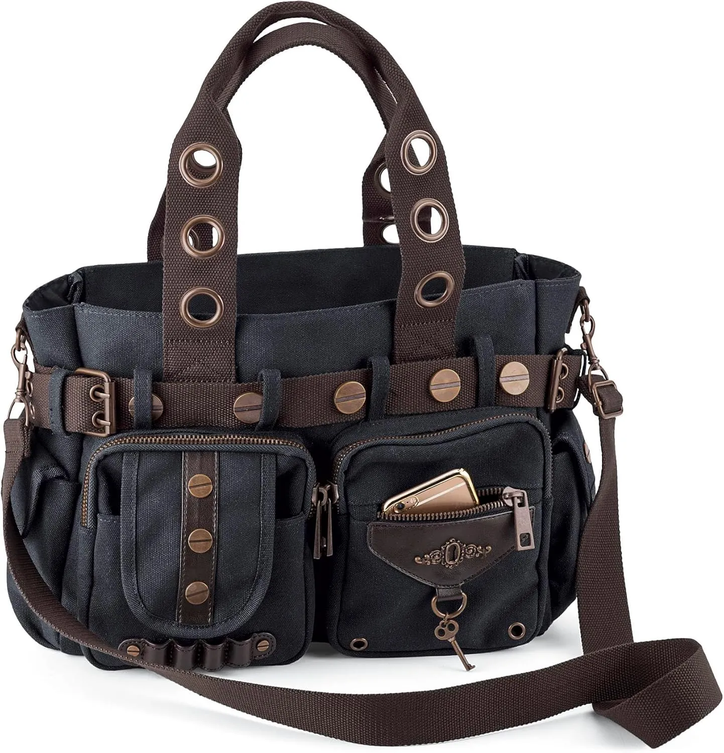 SAGEFINDS Steampunk Key Canvas Handbag | Crossbody Shoulder Purse for Women | Messenger Bag with Top Handles | Adjustable and Detachable Body Strap | Hobo with Multi Pockets | 14 x 10