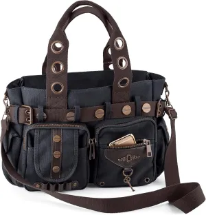 SAGEFINDS Steampunk Key Canvas Handbag | Crossbody Shoulder Purse for Women | Messenger Bag with Top Handles | Adjustable and Detachable Body Strap | Hobo with Multi Pockets | 14 x 10