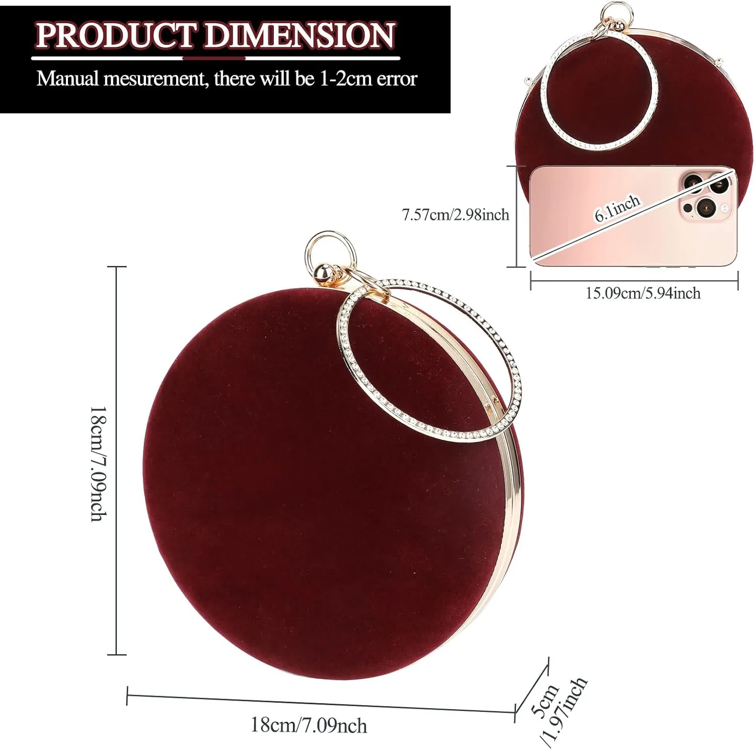 Selighting Round Velvet Clutch Purses for Women Evening Bags Formal Wedding Purse Prom Cocktail Party Clutch Hand Bag