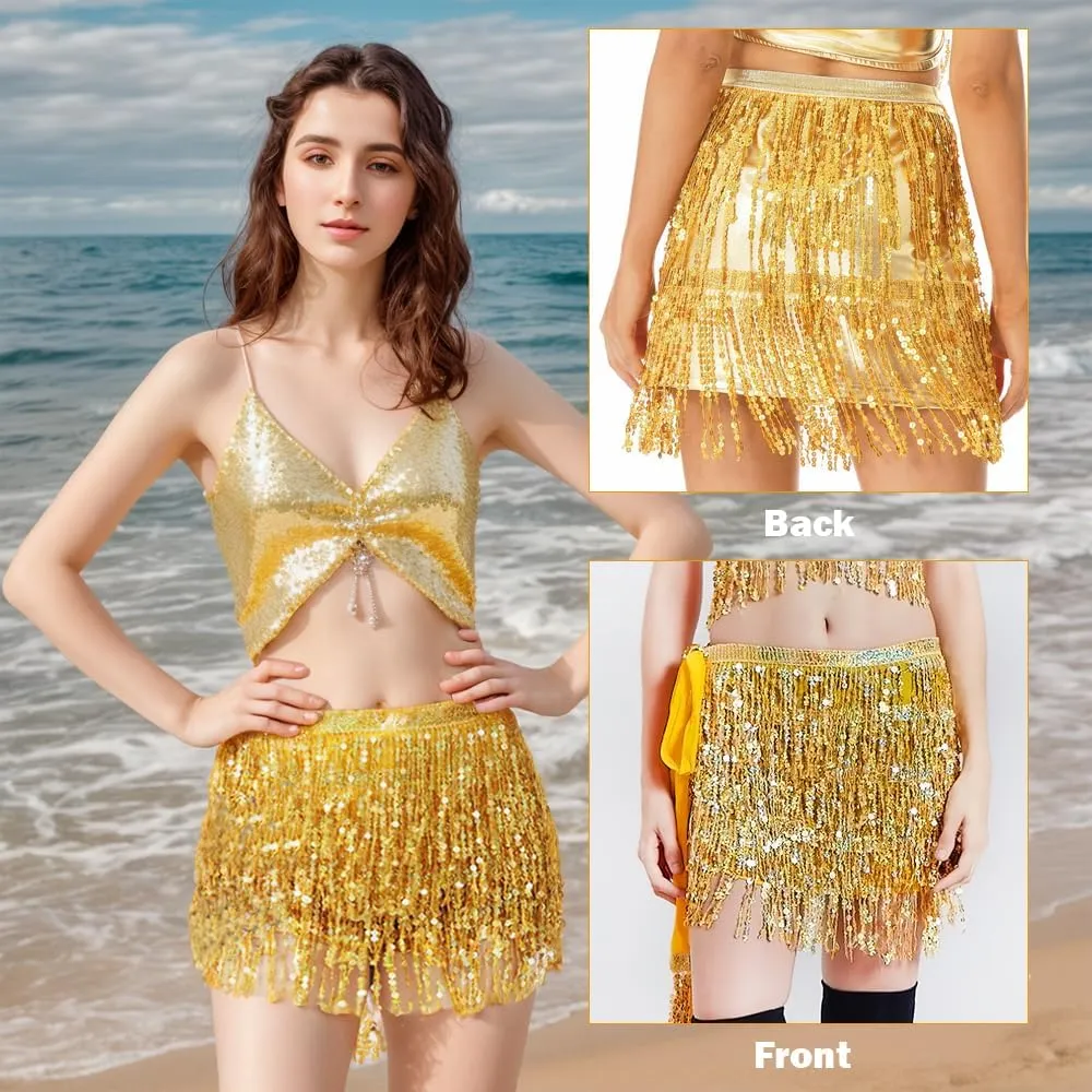 Sequin Skirt - Sequin Skirt for Women Fringe Skirt Belly Dance Rave Disco Cowgirl Sparkle Skirt, with Sunglasses   Boa
