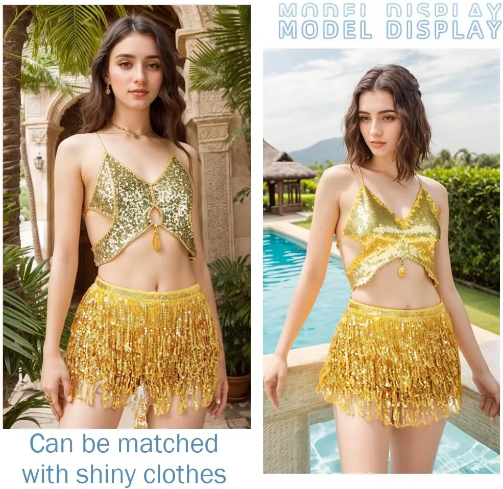 Sequin Skirt - Sequin Skirt for Women Fringe Skirt Belly Dance Rave Disco Cowgirl Sparkle Skirt, with Sunglasses   Boa