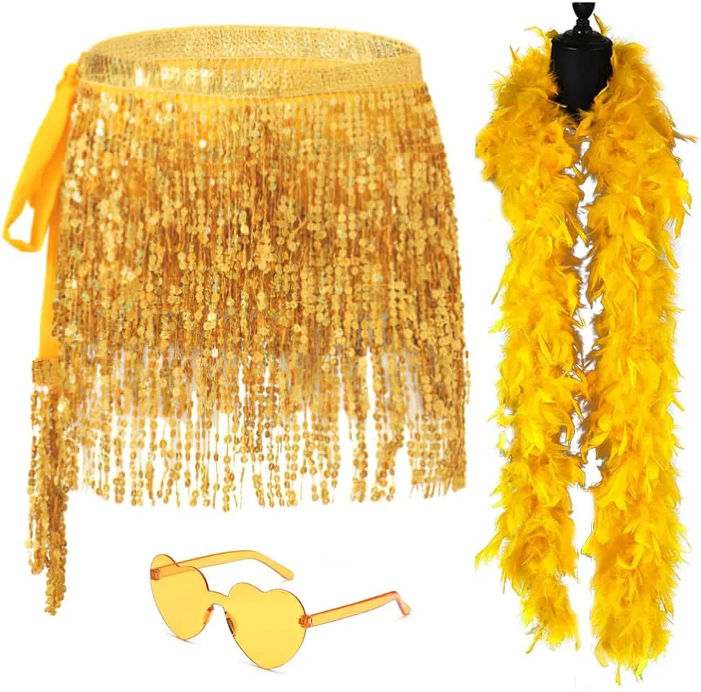 Sequin Skirt - Sequin Skirt for Women Fringe Skirt Belly Dance Rave Disco Cowgirl Sparkle Skirt, with Sunglasses   Boa