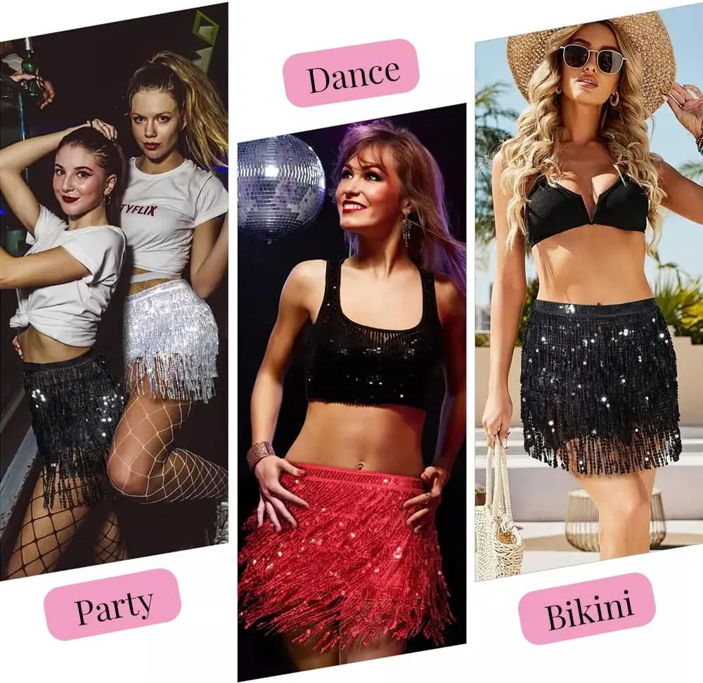 Sequin Skirt - Sequin Skirt for Women Fringe Skirt Belly Dance Rave Disco Cowgirl Sparkle Skirt, with Sunglasses   Boa