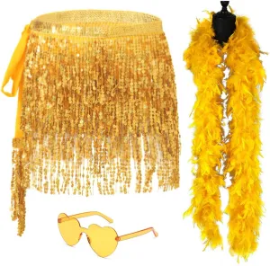 Sequin Skirt - Sequin Skirt for Women Fringe Skirt Belly Dance Rave Disco Cowgirl Sparkle Skirt, with Sunglasses   Boa