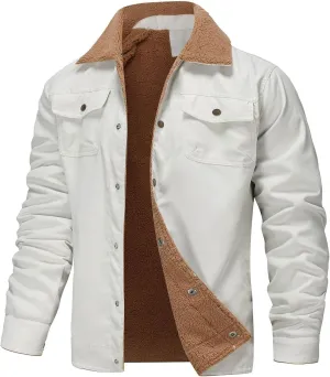 Sherpa Lined Jacket Men Fleece Warm Fuzzy Winter Coats Trucker Lapel Work Cargo Jackets Casual Overcoat with Button