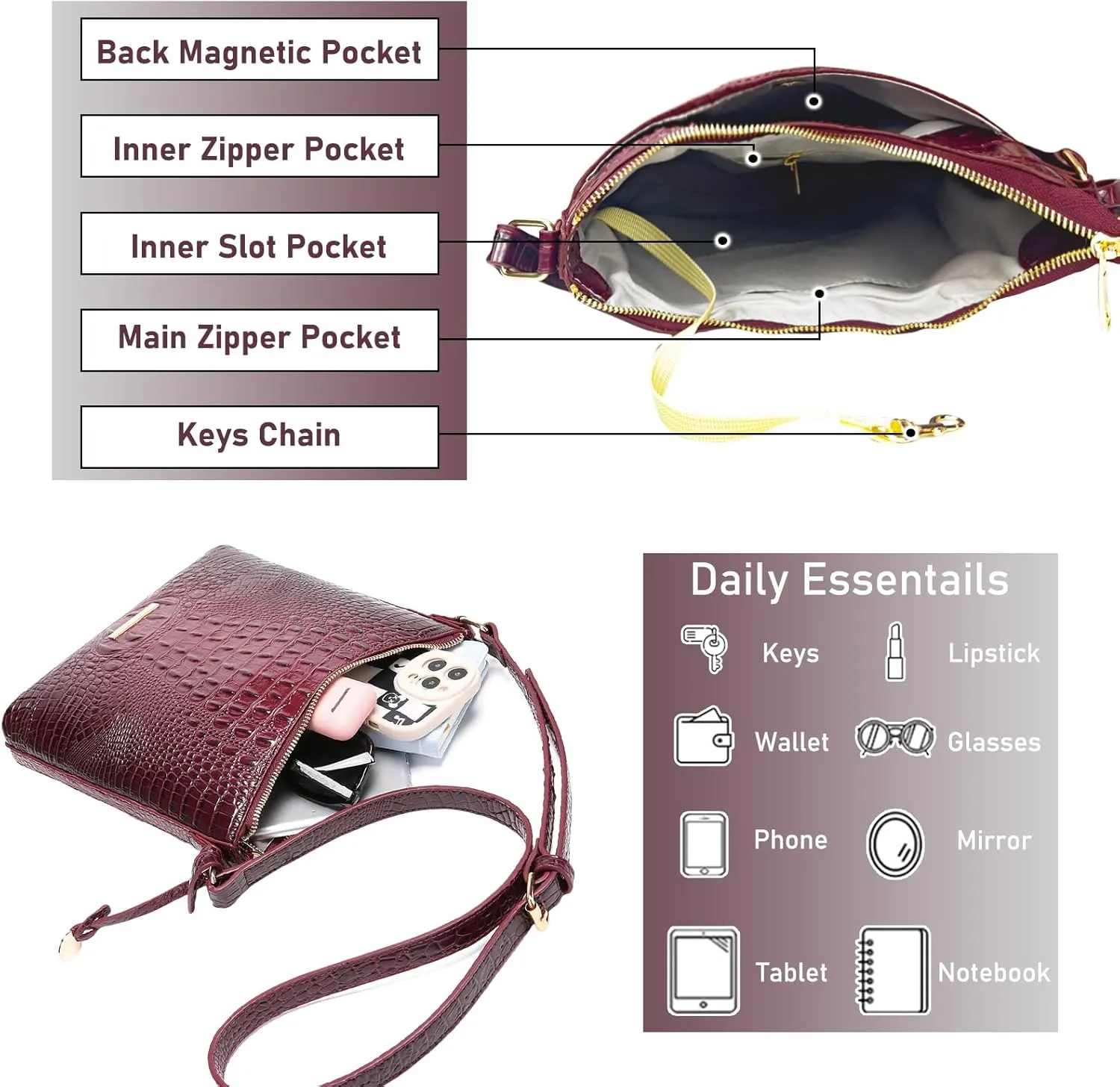 Shoulder Crocodile Flat Handbags for Women trendy Ladies Shoulder Bag Embossed Pattern Leather Crossbody Purse