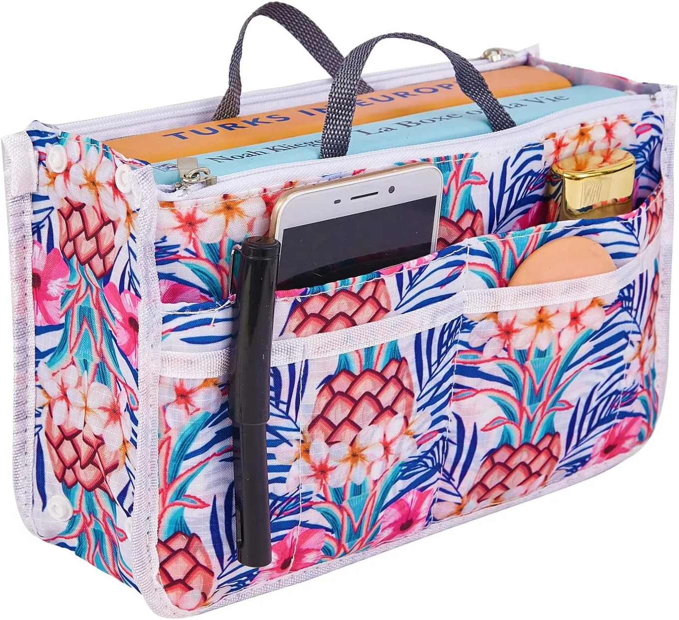 Signature Purse Organizer Insert with Handles & 13 Pockets - 3 Sizes (White Pineapple, Large)