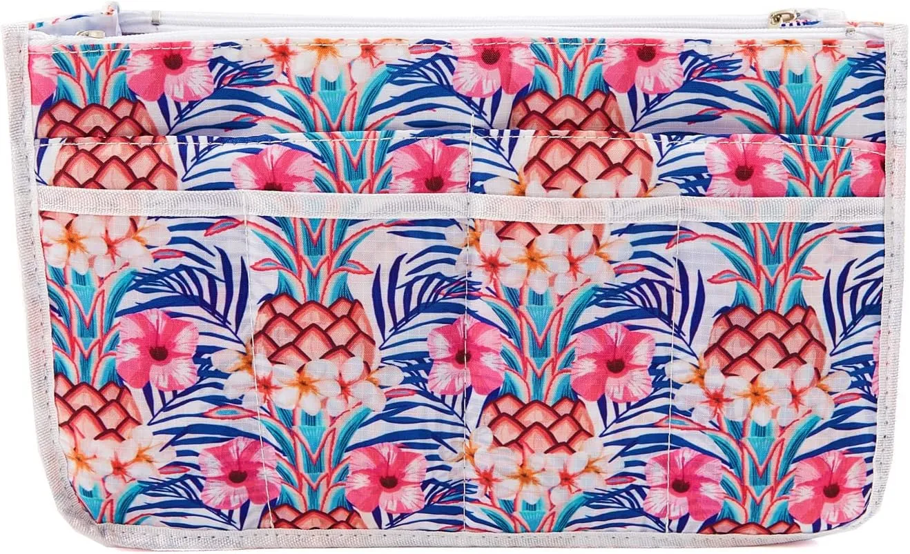 Signature Purse Organizer Insert with Handles & 13 Pockets - 3 Sizes (White Pineapple, Large)